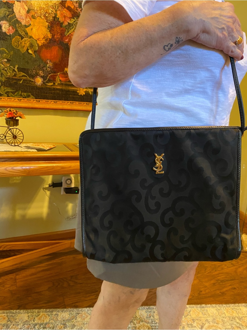 Saint Laurent Black Monogram Jacquard Shoulder Bag with Gold YSL